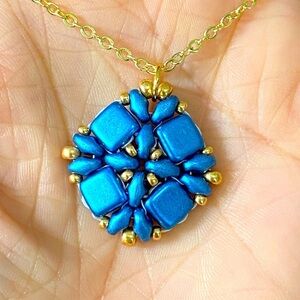 Handmade Blue Gold Real Czech Glass Bead Necklace